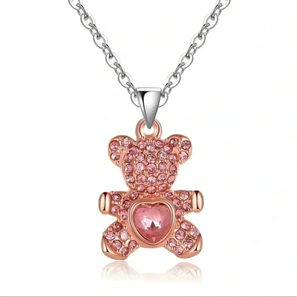 Cute Cubic Zirconia Rose Gold Bear with Pink Stone Pendant Necklace